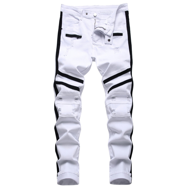 White zippered jeans with black edge decoration and patchwork slim fitting stretch holes for men's casual pants