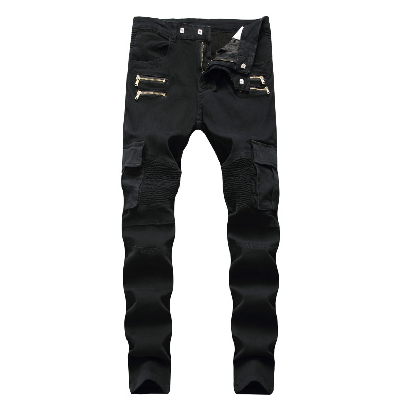 Motorcycle denim casual black pants with zipper decoration men's stretch pants