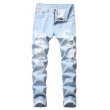 Perforated straight fitting bulletless jeans, tattered men's light denim pants