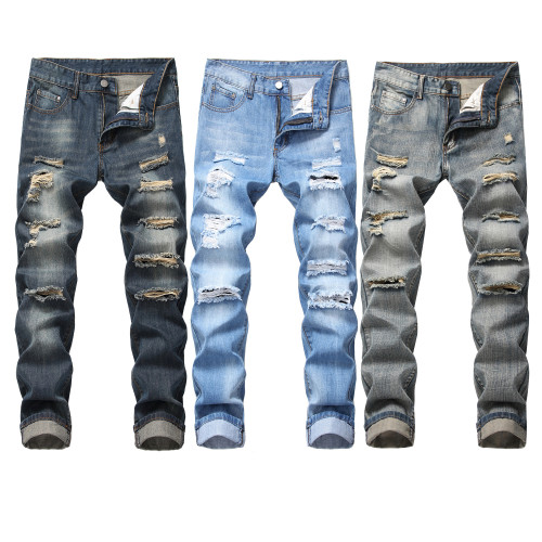 Perforated straight fitting bulletless jeans with multiple tattered men's pants