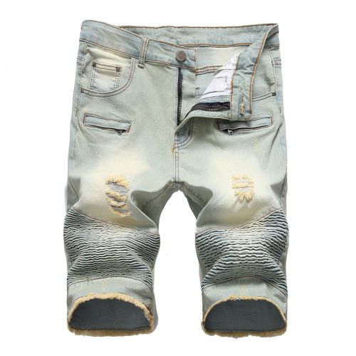 Denim shorts, motorcycle zipper, wrinkled men's denim elastic pants, quarter pants