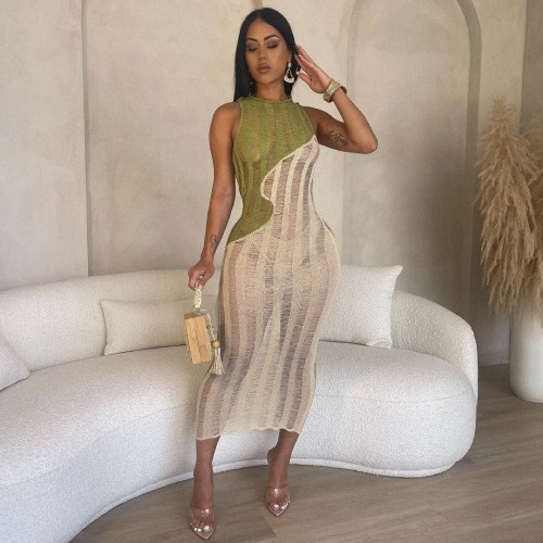 Casual sleeveless color matching knitted beach skirt