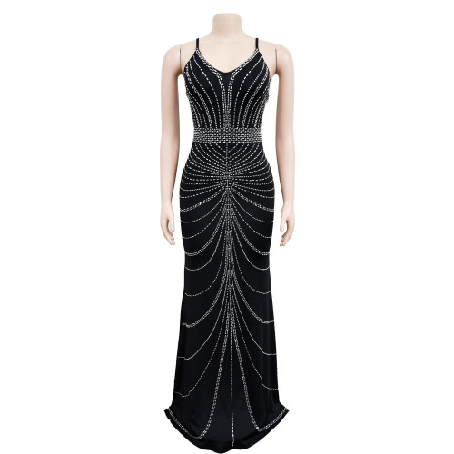 Women's solid color suspender sleeveless hot diamond backless long dress dress
