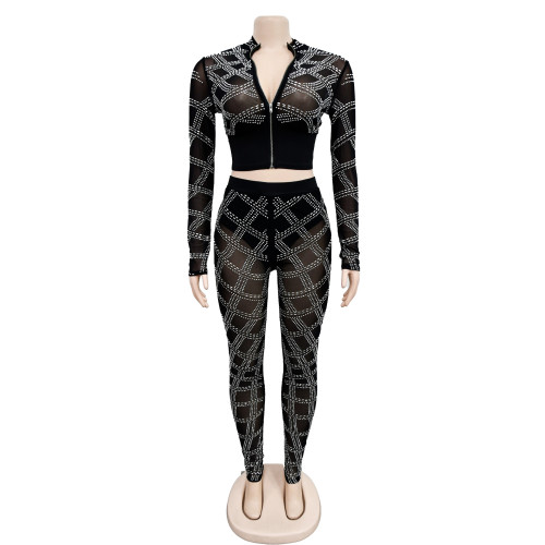Women's solid color mesh hot diamond long sleeved pants two-piece set