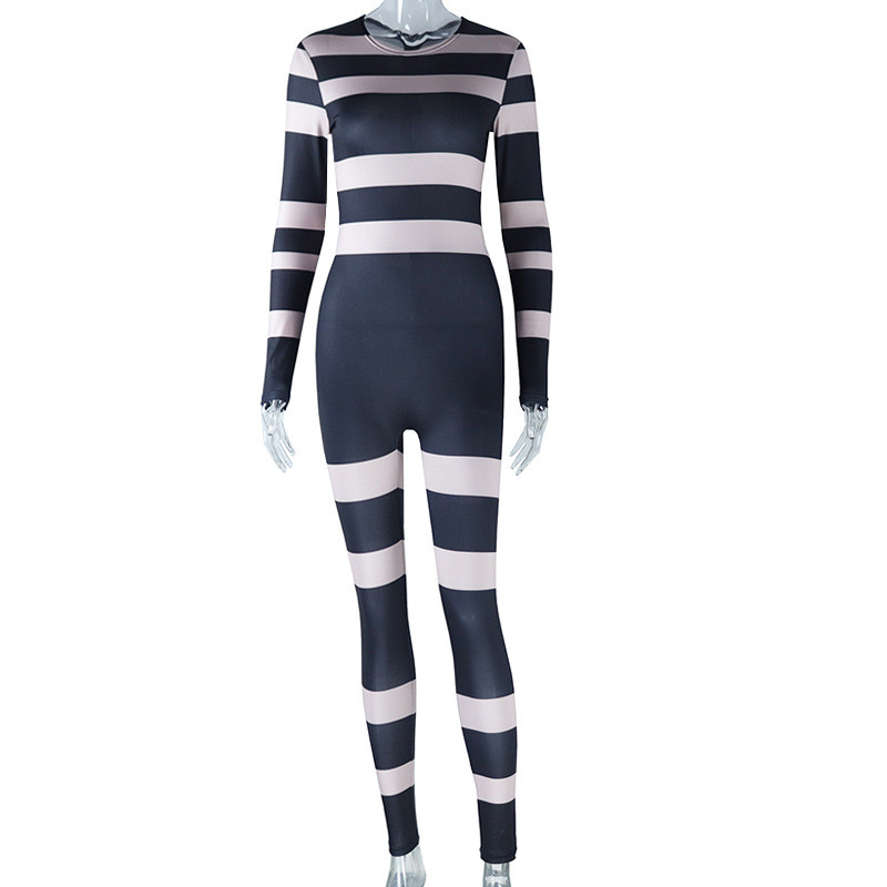 Wide striped tight jumpsuit, round neck, long sleeved printed all-in-one pants, fashionable and bodybuilding leggings