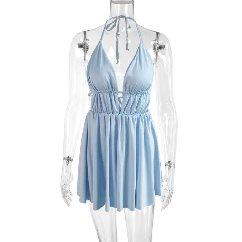 Deep V Sling Dress European and American Sexy Hanging Neck Lace Up Open Back Dress Short Dress