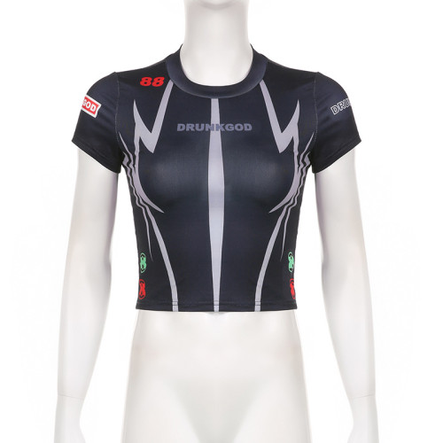 Personalized line printed motorcycle style with exposed navel T-shirt, Spicy Girl Color Matching Versatile Round Neck Slim Fit Top
