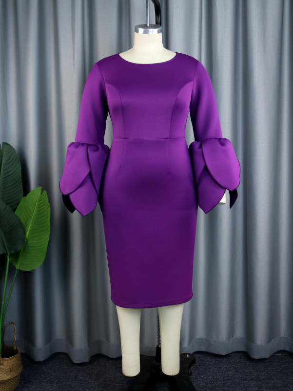 Temperament Style Dress Personalized Petal Sleeve Round Neck Waist Wrapped One Step Dress