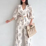 V-neck temperament printed bubble sleeve top and pants women's two-piece set