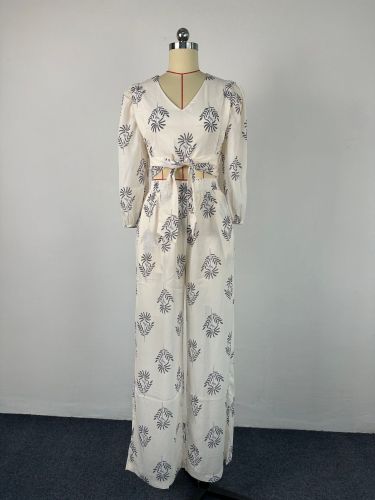 V-neck temperament printed bubble sleeve top and pants women's two-piece set