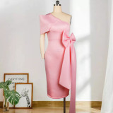 Sexy one shoulder bow wrap hip skirt high waist large size slim Pencil skirt women's dress