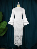 Elegant style small standing neck flared sleeve lace patchwork dress casual slim one step skirt