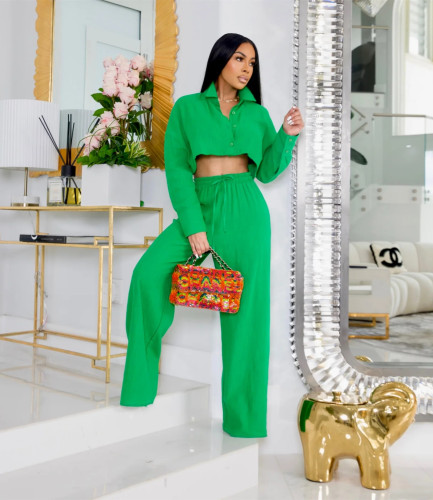 Simple solid color short shirt wide leg pants casual set