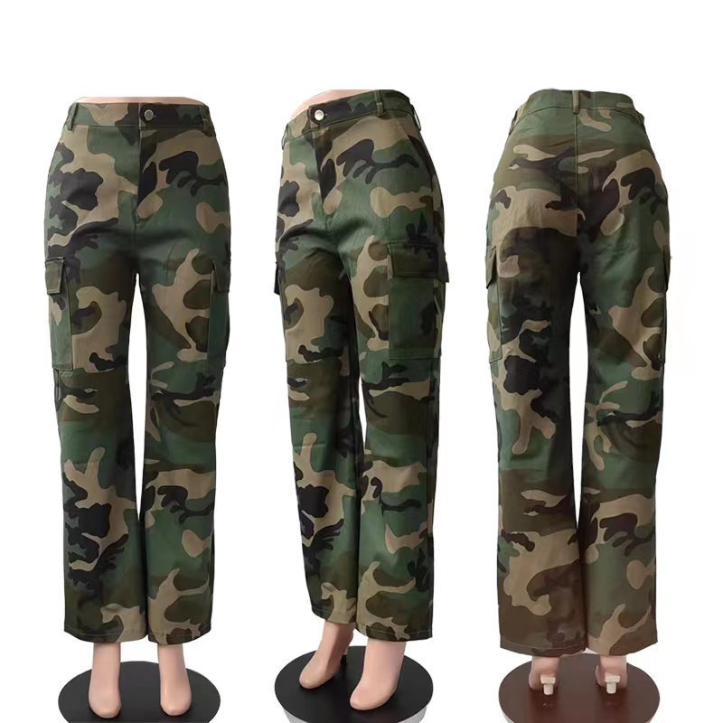 High waist straight tube multicolor camouflage Cargo pants