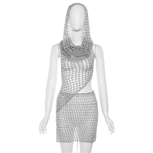 Sexy Hollow out Knitted Sequin Top High Waist Wrap Hip Short Skirt Set
