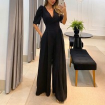 Casual V-neck lace up high waisted bubble short sleeved wide leg jumpsuit