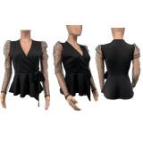 Women's patchwork ruffle sexy V-neck solid color top