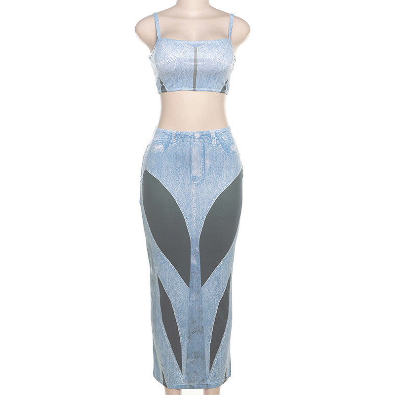 Fashion personality 3D denim printing Camisole high waist slim skirt suit
