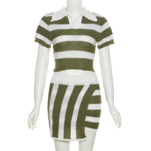 Polo neck short sleeved striped color matching knitted short slim fitting buttocks skirt set
