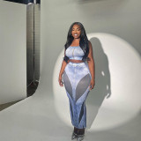 Fashion personality 3D denim printing Camisole high waist slim skirt suit