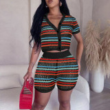 Fashionable lapel breasted short sleeved striped high waisted tight shorts knit set