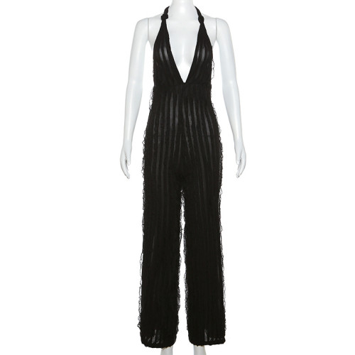 Fashion Wave Pattern Sexy Wrap Chest Strap Solid Color Long Casual Jumpsuit