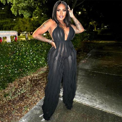 Fashion Wave Pattern Sexy Wrap Chest Strap Solid Color Long Casual Jumpsuit