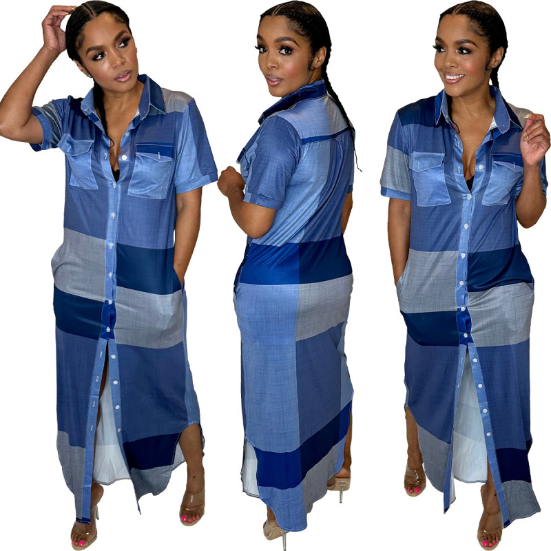 Women's contrasting color plaid split button loose shirt with lapel and large swing dress