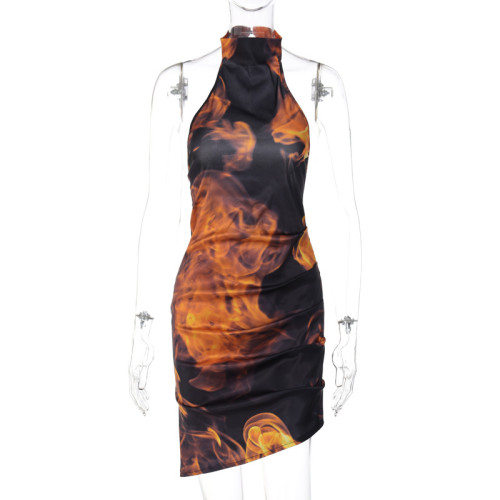 Hanging Neck Sexy Open Back Fashion Print Dress