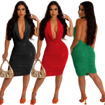 Sexy Low Neck Open Back Ironed Dress