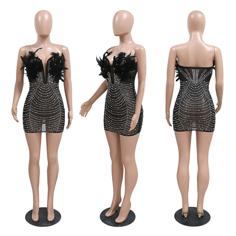 Bust less Sleeveless Perspective Hot Diamond Dress Fashion Nightclub Style Sexy Party Wrap Hip Short Dress