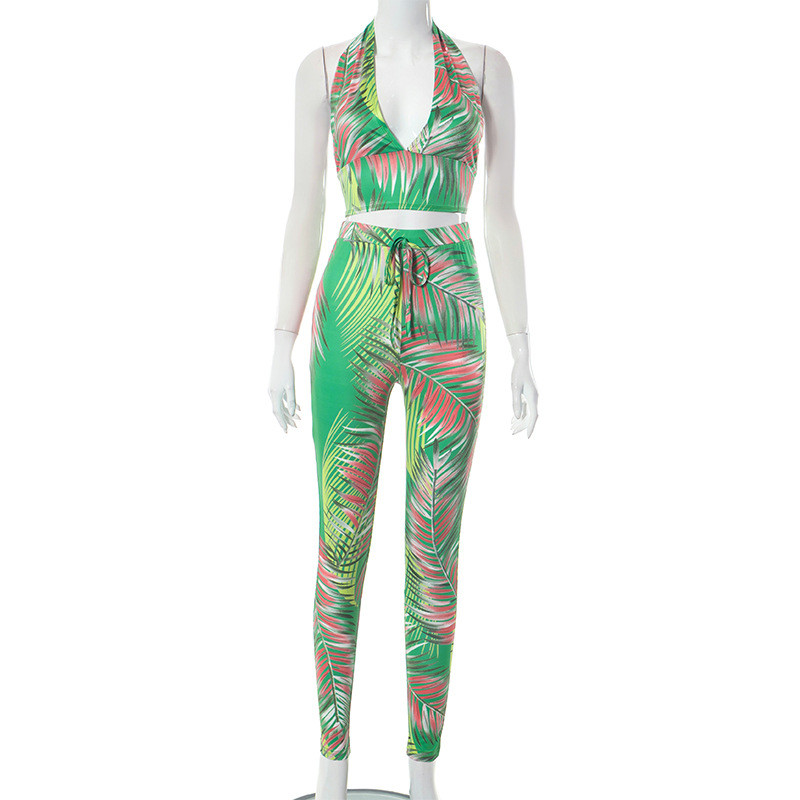 Women's fashion printed backless top Leggings casual suit