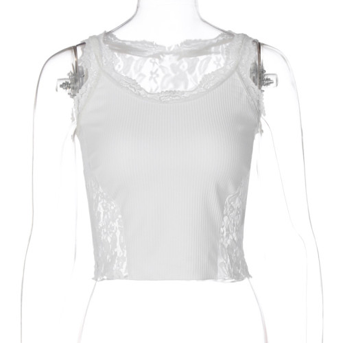 Versatile Tank Top Solid Color Splice Lace Slim Fit Open Umbilical Small Sling Strap