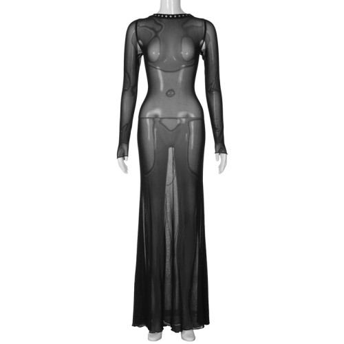 Women's Sexy Mesh Open Back Strap Long Sleeve Extra Long Dress