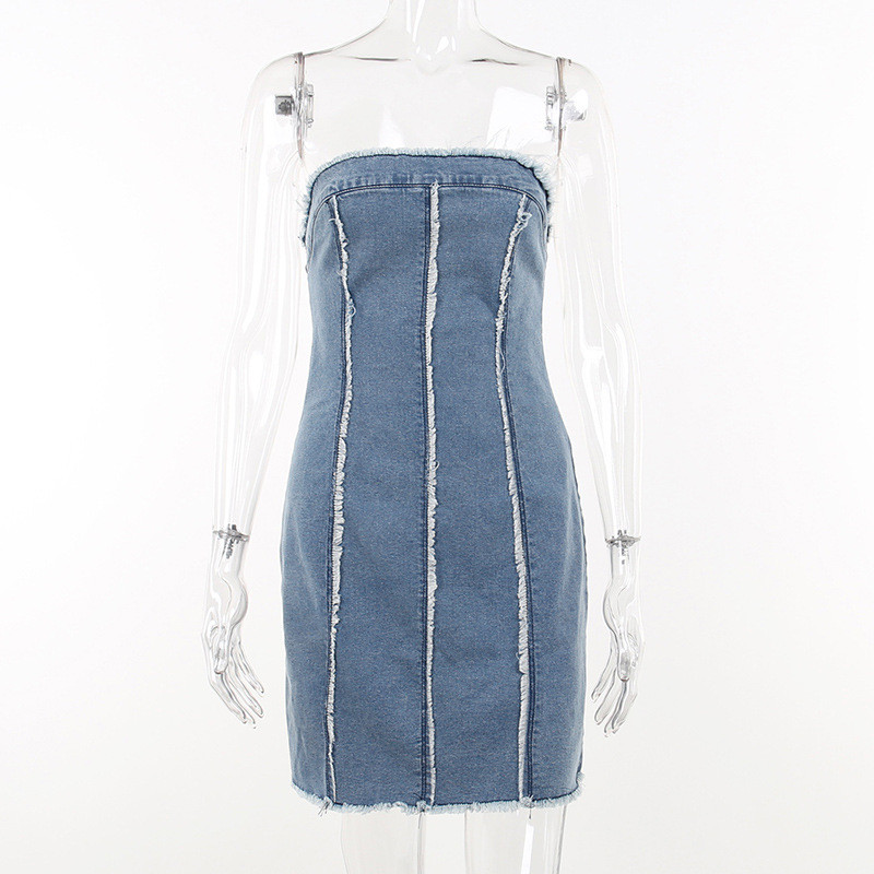 Fashion trendsetter Spicy Girl Sexy Slim Fit Ragged Wool Stripe Denim Bra Wrap Hip Dress