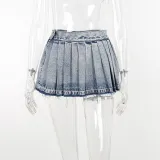 High waisted pleated denim skirt