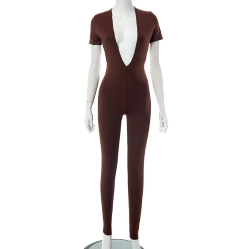 Sexy Tight Deep V Open Back Short Sleeve One Piece Pants
