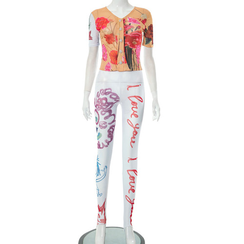 Printed mesh tight cardigan top pants casual set