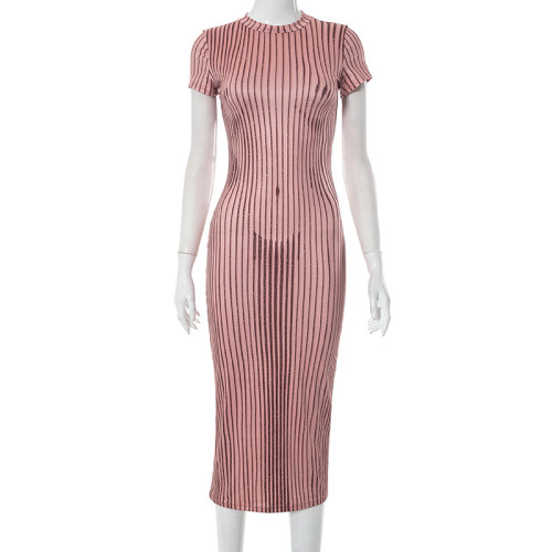 Fashion casual street style round neck short sleeved striped printed dress