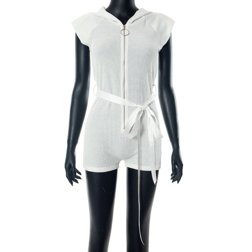 Tight zippered hooded short sleeved waistband jumpsuit shorts