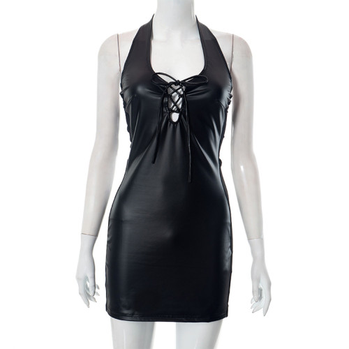 Hanging neck lace up patchwork mesh dress