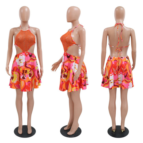 Sexy Perspective Lace Mesh Spliced Straight Gondola Printed Dress Fashion Lace Short Skirt