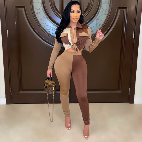 Color Splicing Fashion Hip Lifting Sexy Women 2pcs set DY6938