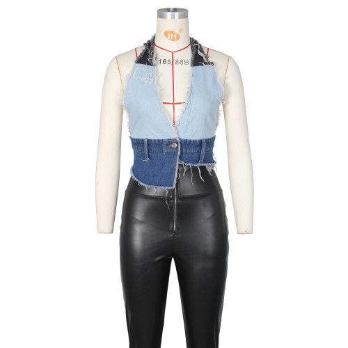 Sexy Women's Top Spicy Girl Heavy Wash Contrast Denim Tank Top