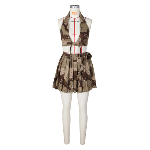 Women's camouflage nude back tie up pleated short skirt fashion set