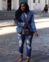 Slim fitting double breasted lion button denim suit jacket