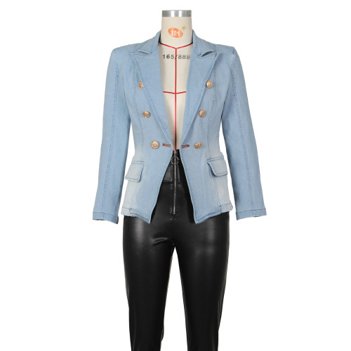 Slim fitting double breasted lion button denim suit jacket
