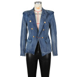 Slim fitting double breasted lion button denim suit jacket