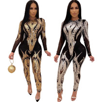Sequin high-end women's long sleeved perspective jumpsuit
