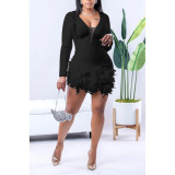 Fashion women's solid color deep V feather patchwork shorts jumpsuit